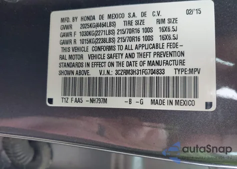 2015 Honda Cr-V Lx из США, поврежденный, VIN 3CZRM3H31FG704833